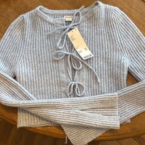 Kimchi Blue Light Gray Ribbed Sweater with Front Tie